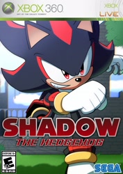 Size: 1451x2048 | Tagged: safe, artist:galaxy_cowboy, shadow the hedgehog, sonic the hedgehog (2006), 2022, abstract background, box art, character name, role swap, running, sega logo, smile, solo, xbox 360