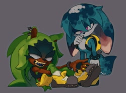 Size: 2048x1525 | Tagged: safe, artist:ikabloom, kit the fennec, surge the tenrec, 2025, duo, fangs, frown, fur markings, grey background, lidded eyes, simple background, sitting, smile, standing