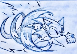 Size: 2048x1451 | Tagged: safe, artist:hatsune_sonikku, sonic the hedgehog, 2025, line art, looking ahead, looking offscreen, no mouth, running, solo, super peel-out, traditional media