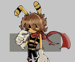 Size: 1123x941 | Tagged: safe, artist:oakglove, bee, 2025, alternate hairstyle, hair, hair over eyes, male, mello bee, scarf, smile, solo, standing