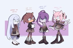 Size: 1440x947 | Tagged: safe, artist:brelooming, cat, dog, hedgehog, rabbit, akiyama mizuki, dress, ena shinonome, female, kanade yoisaki, mafuyu asahina, mobianified, project sekai