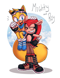 Size: 1992x2592 | Tagged: dead source, safe, artist:kitsune2001, mighty the armadillo, ray the flying squirrel, abstract background, belt, blue shoes, blushing, boots, carrying them, duo, english text, eyes closed, fingerless gloves, gloves, goggles, hand on another's head, holding hands, mouth open, open smile, outline, pants, riding on shoulder, scarf, shoelaces, shoes, smile, standing, text