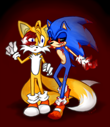 Size: 756x873 | Tagged: safe, artist:tanyawind, miles "tails" prower, sonic the hedgehog, oc, oc:sonic.exe, 2015, black sclera, bleeding, bleeding from eyes, blood, blood stain, duo, gay, gradient background, lidded eyes, looking at each other, shipping, signature, smile, sonic x tails, sonic.exe x tails, standing