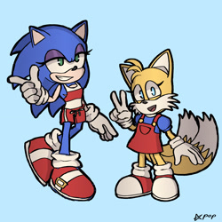 Size: 2048x2048 | Tagged: safe, artist:starrygirlypop, miles "tails" prower, sonic the hedgehog, 2025, alternate outfit, alternate universe, blue background, clothes, dress, duo, eyeshadow, gender swap, lidded eyes, pointing, shorts, signature, simple background, smile, smiling at viewer, standing, tank top, v sign