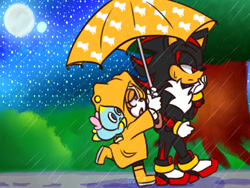 Size: 1280x963 | Tagged: safe, artist:coreldesu, cheese (chao), cream the rabbit, shadow the hedgehog, chao, 2017, age difference, coat, flat colors, flying, frown, grass, lidded eyes, looking at them, looking offscreen, mid-air, moon, mouth open, neutral chao, outdoors, rain, raincoat, shadream, shipping, star (sky), straight, sweatdrop, tree, trio, umbrella, walking