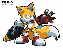 Size: 2048x1605 | Tagged: safe, artist:thatbirdguy_, miles "tails" prower, sonic frontiers, 2025, alternate universe, au:tails frontiers, blaster, corruption, frown, holding something, outline, reaching out, signature, simple background, solo, standing, white background