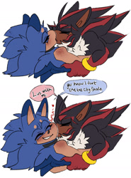 Size: 1215x1646 | Tagged: safe, artist:chunkycrocs, artist:t0yhaunt, shadow the hedgehog, sonic the hedgehog, 2021, beanbrows, blushing, blushing shoulder, cute, dialogue, duo, english text, fluffy, freckles, gay, kiss, shadow x sonic, shadowbetes, shipping, simple background, sonabetes, speech bubble, text, white background