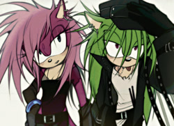 Size: 2048x1486 | Tagged: safe, artist:thingsforangel, sonia the hedgehog, 2025, alternate outfit, brother and sister, clothes, duo, lidded eyes, looking offscreen, manic the hedgehog, siblings, simple background, standing, tongue out, white background