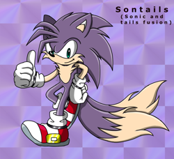 Size: 632x576 | Tagged: safe, artist:lexi towers, miles "tails" prower, sonic the hedgehog, fox, hedgehog, hybrid, 2021, checkered background, fusion, fusion:sonic, fusion:tails, green eyes, hand on hip, hedgefox, nike mouth, purple fur, smile, smiling at viewer, solo, standing, text, thumbs up, two tails