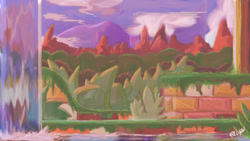 Size: 1920x1080 | Tagged: safe, artist:chris spiteri, aquatic ruin zone, sonic the hedgehog 2, abstract background, bush, clouds, daytime, grass, landscape, lineless, mountain, no characters, outdoors, pillar, plant, signature, water, waterfall