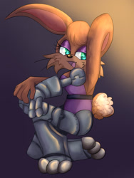 Size: 1200x1600 | Tagged: safe, artist:ahratty, bunnie rabbot, rabbit, 2025, cyborg, female, gradient background, lidded eyes, mouth open, open smile, smile, solo, whiskers