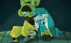 Size: 1948x1200 | Tagged: safe, artist:ahratty, kit the fennec, surge the tenrec, 2025, duo, eyes closed, female, hugging, leaning, leaning on them, male, side hug, sitting