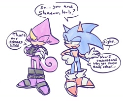Size: 1173x960 | Tagged: safe, artist:aleespace-art, espio the chameleon, sonic the hedgehog, 2025, arms folded, dialogue, duo, english text, eyes closed, implied gay, implied shadpio, implied shipping, looking at them, standing, talking, text