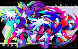 Size: 2047x1303 | Tagged: safe, artist:kuroiyuki96, blaze the cat, sonic the hedgehog, 2025, back to back, duo, female, frown, looking at viewer, male, mid-air, side view, smile, sonic rush, text