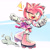 Size: 2048x2042 | Tagged: safe, artist:candycatstuffs, amy rose, hedgehog, 2025, abstract background, alternate outfit, chain, clothes, crop top, dust clouds, female, looking at viewer, mouth open, one fang, open smile, rollerskates, signature, skating, skirt, smile, solo, v sign, wink