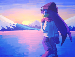 Size: 2048x1569 | Tagged: safe, artist:regrat1704, wave the swallow, 2025, abstract background, alternate outfit, beanie, boots, clothes, coat, hat, ice, lidded eyes, looking at viewer, looking back, looking back at viewer, mountain, outdoors, pants, scarf, smile, snow, solo, standing, sun, winter, winter outfit