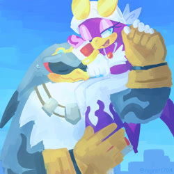 Size: 2000x2000 | Tagged: safe, artist:regrat1704, storm the albatross, wave the swallow, 2025, abstract background, cute, daytime, duo, eyes closed, holding hands, mouth open, no outlines, one eye closed, outdoors, riding on shoulder, sitting, sitting on them, smile, standing, sweatdrop, talking