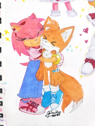 Size: 1536x2048 | Tagged: safe, artist:paopugisesonic, amy rose, miles "tails" prower, 2025, alternate outfit, blue shoes, bracelet, cute, duo, ear piercing, earring, eyes closed, frown, gloves off, platonic, shirt, skirt, smile, standing, traditional media, trainers