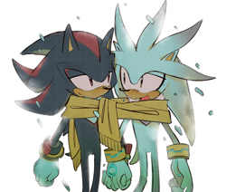 Size: 3832x3244 | Tagged: safe, artist:grimfantas, shadow the hedgehog, silver the hedgehog, 2025, duo, gay, holding hands, looking at each other, scarf, shadow x silver, sharing a scarf, shipping, simple background, smile, smiling at each other, snow, snowing, white background, winter