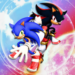 Size: 3840x3840 | Tagged: safe, artist:dokatzo, artist:hunicrio, shadow the hedgehog, sonic the hedgehog, sonic adventure 2, 2025, 3d, abstract background, absurd res, duo, frown, gay, looking at viewer, redraw, shadow x sonic, shipping, smile, smiling at viewer, soap shoes