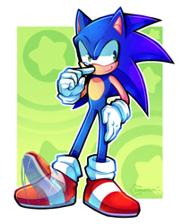 Size: 1627x2000 | Tagged: safe, artist:chaosfetti, sonic the hedgehog, 2025, abstract background, finger under nose, hand on hip, looking offscreen, outline, smile, solo, standing, star (symbol), tapping foot