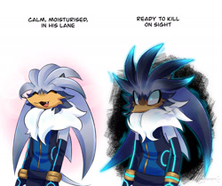 Size: 2000x1670 | Tagged: safe, artist:chaosfetti, silver the hedgehog, 2025, alternate outfit, clothes, duality, english text, eyes closed, glowing eyes, jacket, simple background, smile, solo, standing, text, two sides, white background