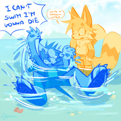 Size: 2000x2000 | Tagged: safe, artist:chaosfetti, miles "tails" prower, sonic the hedgehog, 2025, abstract background, beanbrows, bubble, bubbles, claws, crab, daytime, dialogue, dramatic, drowning, duo, english text, faic, literal animal, monochrome, mouth open, outdoors, paws, sandals, shouting, signature, speech bubble, standing, swimming trunks, text