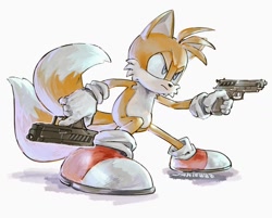 Size: 1024x822 | Tagged: safe, artist:threedots000, miles "tails" prower, 2025, frown, gun, holding something, looking offscreen, signature, simple background, solo, standing, white background