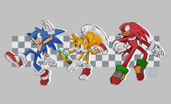 Size: 1244x761 | Tagged: safe, artist:stickdoodles, knuckles the echidna, miles "tails" prower, sonic the hedgehog, 2025, abstract background, holding something, looking at them, mid-air, miles electric, smile, spinning tails, team sonic, trio