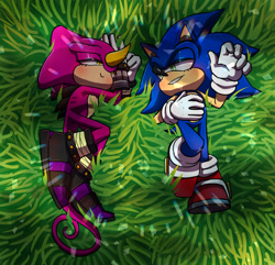 Size: 1567x1508 | Tagged: safe, artist:montydrswsstuff, espio the chameleon, sonic the hedgehog, 2025, abstract background, blushing, daytime, duo, eyelashes, gay, grass, lidded eyes, looking at each other, lying down, outdoors, shipping, smile, smiling at each other, sonespio