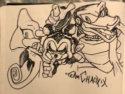 Size: 2048x1552 | Tagged: safe, artist:montydrswsstuff, charmy bee, espio the chameleon, vector the crocodile, 2025, arms folded, flying, frown, lidded eyes, line art, looking at viewer, mid-air, monochrome, penwork, smile, standing, team chaotix, text, thumbs up, traditional media, trio