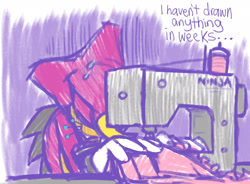 Size: 1900x1400 | Tagged: safe, artist:montydrswsstuff, espio the chameleon, 2025, bobby pin, dialogue, english text, eyes closed, fabric, mouth hold, pin, sewing, sewing machine, sitting, sketch, solo, sweatdrop, table, text