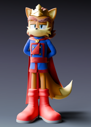 Size: 1630x2261 | Tagged: safe, artist:fleetymcfoot, elias acorn, 2024, 3d, absurd res, boots, cape, clothes, crown, gradient background, hands behind back, lidded eyes, looking at viewer, shadow (lighting), smile, smiling at viewer, solo, standing