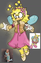 Size: 866x1344 | Tagged: safe, artist:oakglove, saffron bee, bee, 2025, clothes, dress, eye clipping through hair, eyelashes, flower, gilet, gloves, grey background, headband, looking down, reference inset, shoes, simple background, solo