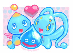 Size: 2680x1970 | Tagged: safe, artist:maimosaur, chao, 2025, chaobetes, crossover, cute, dragon quest, heart, manaphy, neutral chao, pokemon, smile, standing, trio