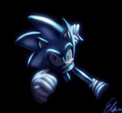 Size: 498x461 | Tagged: safe, artist:default-deviant, sonic the hedgehog, 2009, black background, clenched fist, lighting practice, lineless, looking at viewer, running, running towards viewer, shading practice, signature, simple background, solo