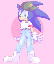 Size: 841x999 | Tagged: safe, artist:scuttletown, sonic the hedgehog, 2019, cap, clothes, hat, jeans, looking at viewer, pride, shirt, smile, solo, standing