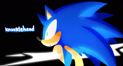 Size: 1916x1027 | Tagged: safe, artist:knuckie-head, sonic the hedgehog, sonic the hedgehog (2006), 2025, black background, clenched teeth, death, impaled, redraw, shrunken pupils, side view, signature, simple background, solo, standing