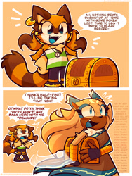 Size: 1536x2048 | Tagged: safe, artist:jesterjesteringjesterly, gold the tenrec, marine the raccoon, raccoon, tenrec, 2025, blue tongue, cute, dialogue, duo, ear piercing, earring, english text, fangs, holding something, marineabetes, mouth open, one fang, running, smile, sol dimension, sonic rivals, standing, talking, text, treasure chest