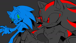 Size: 1280x720 | Tagged: safe, artist:ceithose, shadow the hedgehog, sonic the hedgehog, 2024, black background, duo, flat colors, frown, looking at each other, monochrome, simple background, smile, sonic rivals, spot color