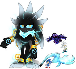 Size: 840x770 | Tagged: safe, artist:smileponeh, silver the hedgehog, sonic the hedgehog, 2025, duo, electricity, frown, fusion, fusion:silver, fusion:time eater, looking at them, looking at viewer, reference inset, simple background, solo focus, sonic generations, standing, time eater, white background