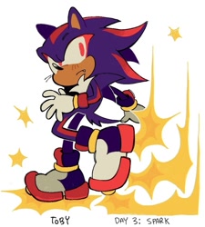 Size: 775x862 | Tagged: safe, artist:tobymustdie, shadow the hedgehog, 2025, frown, looking back, one fang, signature, simple background, solo, sonictober, sonictober 2025, spark, text, whiskers, white background