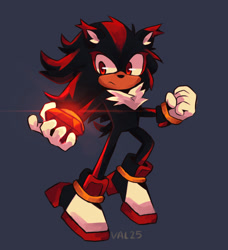 Size: 1638x1800 | Tagged: safe, artist:valis-chaos, shadow the hedgehog, hedgehog, 2025, blue background, chaos emerald, chest fluff, clenched fist, cute, ear fluff, frown, holding something, looking offscreen, mid-air, shadow's hover skates, shadowbetes, shine, signature, simple background, solo