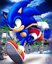 Size: 1280x1561 | Tagged: safe, artist:jcthornton, artist:ryoosakuling, sonic the hedgehog, sonic adventure, 2025, 3d, absurd res, beach, clenched fists, clouds, daytime, emerald coast, looking ahead, looking offscreen, outdoors, palm tree, pillar, running, sand, smile, solo, tree, water