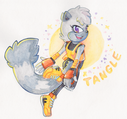 Size: 1065x1000 | Tagged: safe, artist:amalika, tangle the lemur, 2018, character name, looking at viewer, looking back, looking back at viewer, mid-air, mouth open, open smile, smile, solo, sparkles, text