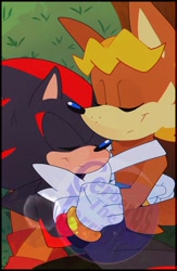 Size: 1339x2048 | Tagged: safe, artist:cerberustheterrible, antoine d'coolette, shadow the hedgehog, 2025, antoine x shadow, crack shipping, cuddling, cute, duo, eyes closed, gay, grass, holding hands, outdoors, shipping, smile, tree