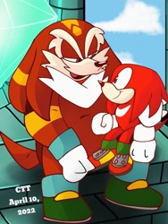 Size: 768x1024 | Tagged: safe, artist:cerberustheterrible, knuckles the echidna, echidna, 2022, abstract background, aged down, alternate universe, child, clouds, daytime, duo, father and child, father and son, holding them, looking at each other, master emerald, master emerald shrine, outdoors, signature, sitting, sitting on knee, sitting on them, smile, smiling at each other, valiant the echidna