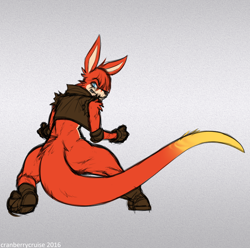 Size: 866x858 | Tagged: safe, artist:cranberrycruise, 2016, clenched fists, gradient background, kangaroo, looking at viewer, looking back, looking back at viewer, solo, standing, walt wallabee