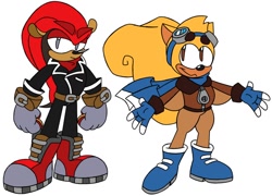 Size: 1200x866 | Tagged: safe, artist:wpotato01, mighty the armadillo, ray the flying squirrel, armadillo, flying squirrel, squirrel, aviator jacket, belt, boots, clothes, coat, duo, eyebrow clipping through clothes, frown, fully clothed, goggles, goggles on head, jacket, looking at them, looking at viewer, male, pants, redesign, scarf, smile, zip