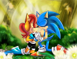 Size: 3850x2975 | Tagged: safe, artist:unlit-myriad, sally acorn, sonic the hedgehog, chipmunk, hedgehog, 2016, duo, flower, forest, sally x sonic, sally's ringblader outfit, shipping, straight